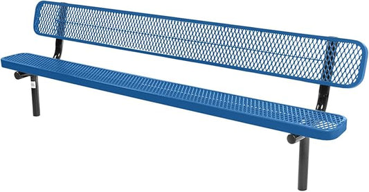 COATEDOUTDOORFURNITURE Heavy-Duty Outdoor Bench Thermoplastic Coated, Expanded Metal, Commercial-Grade Seating, Made in America (Inground with Back, 8 Ft, Textured Light Blue)