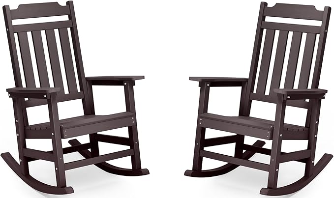 Rocking Chairs Set of 2, All Weather Resistant Poly Lumber Outdoor Porch Rocker, Rocking Chairs for Outdoor, Indoor, Patio, Deck, Garden, Backyard, Load Bearing 380 lbs - Brown