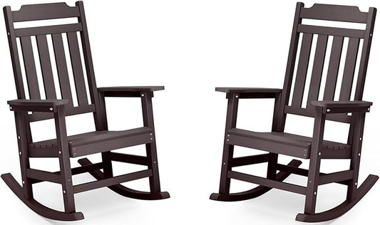 Rocking Chairs Set of 2, All Weather Resistant Poly Lumber Outdoor Porch Rocker, Rocking Chairs for Outdoor, Indoor, Patio, Deck, Garden, Backyard, Load Bearing 380 lbs - Brown