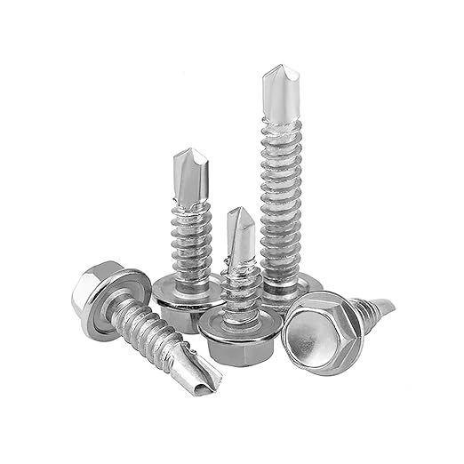 #14 x 1 (50 Pack) Hex Washer Head Self Drilling Screws, Self Tapping Sheet Metal Tek Screws, 410 Stainless Steel