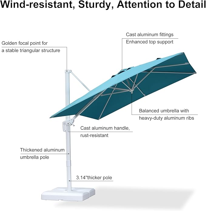 PURPLE LEAF 8 FT Patio Umbrella White Cantilever Umbrella Aluminum Square Outdoor Offset Umbrella Hanging Windproof with 360° Rotation for Garden Deck Pool, Turquoise