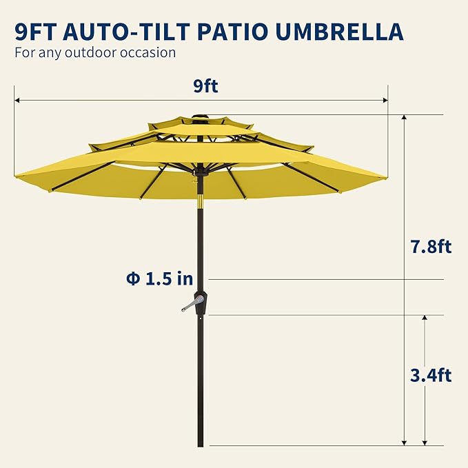 9FT 3 Tiers Patio Umbrella With Auto Tilt and Crank, Outdoor Table Market Umbrella with 8 Sturdy Ribs for Garden,Lawn,Deck,Backyard and Pool,Yellow
