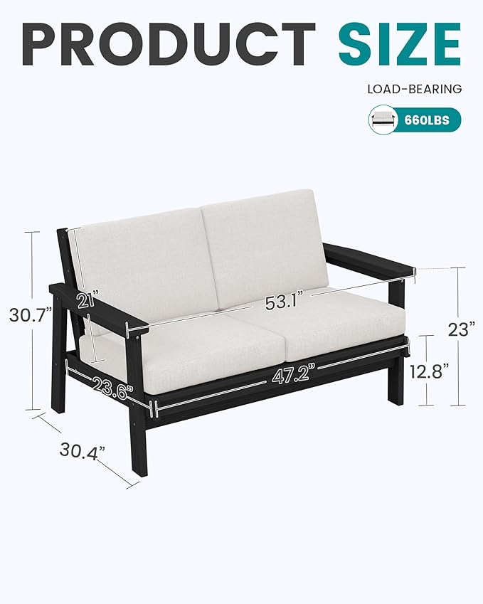 SERWALL HDPE Outdoor Patio Loveseat, Black Frame and Khaki Cushion