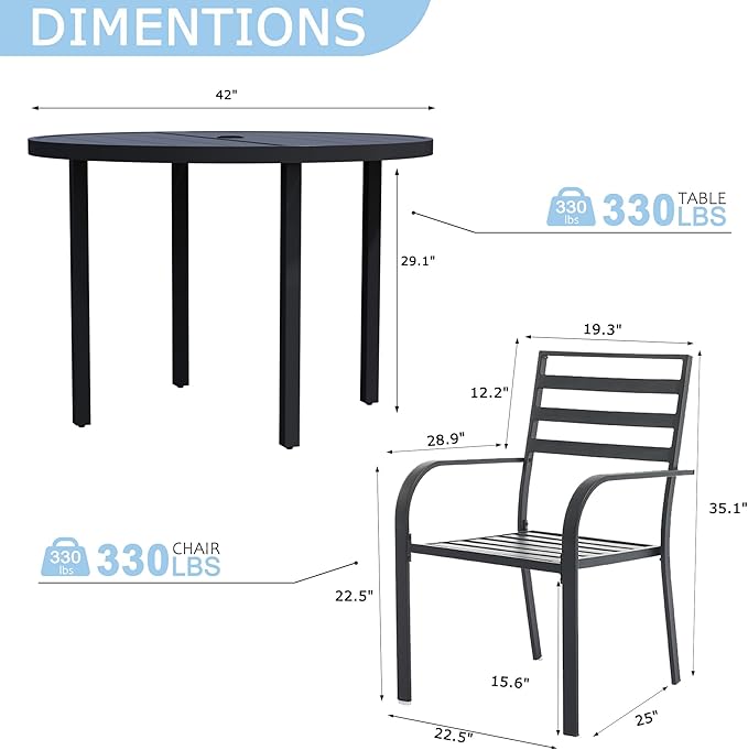 5 Piece Outdoor Dining Set, Patio Dining Set for 4, 42" Black Round Table with 4 Armrest Black Metal Outdoor Dining Chairs for Garden, Lawn, or Porch