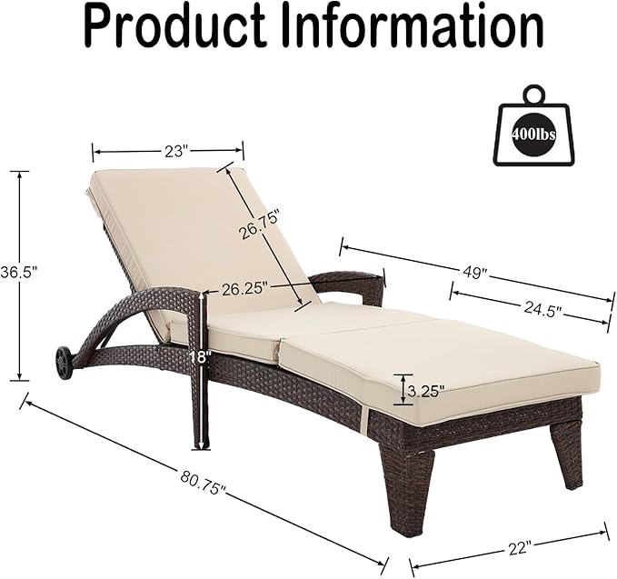 Patio Chaise Lounge Set of 2, Wicker Lounge Chairs Outdoor with Wheels, Heavy Duty Lounger Chair Outdoor, Wicker Chaise Lounges with Armrests All Weather, Khaki