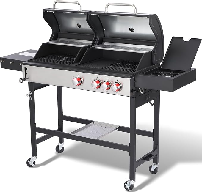 Charcoal Grill and 3-Burner Propane Gas Grill Combo with Side Burner & Porcelain-Enameled Cast Iron Grate, Dual Fuel BBQ Grill with Easy-Clean System for Outdoor Events & Backyard Barbecue