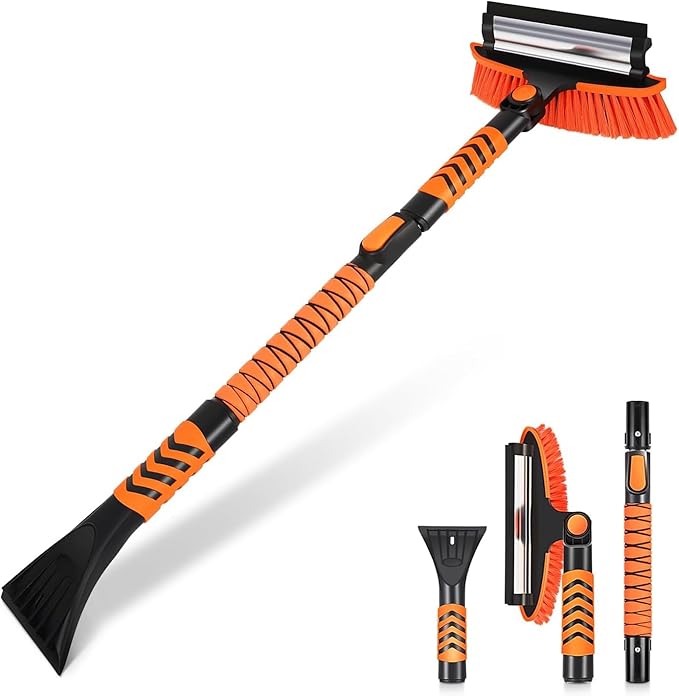 Auto Dynasty 43" Extendable Snow Brush with Ice Scraper, 3-in-1 Snow Broom with Pivoting Head and Handle Grip for Car Windshield, Vehicle Snow Removal Tool for Car, Truck, SUV