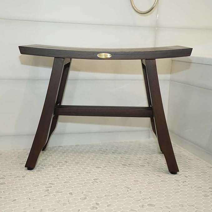 DecoTeak Satori Teak Shower Bench – 24" Compact Teak Bath Seat, Brown Finish, for Adults & Seniors | Water-Resistant Spa Stool with Slatted Seat & Adjustable Feet
