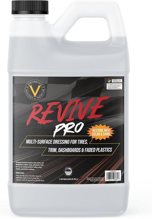 VPD Multi-Surface Tire Dressing & Plastic Restorer 1 Gallon Revive Pro – Tire Shine for Rubber, Vinyl, Trim & Dash, Satin Finish, No Greasy Residue, UV Protection for Faded Exterior & Interior Panels