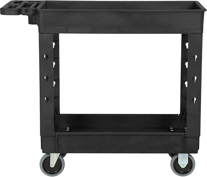 Global Industrial Industrial Service & Utility Cart, Plastic 2 Shelf Tray Black, 38” x 17-1/2”, 5" Rubber Casters