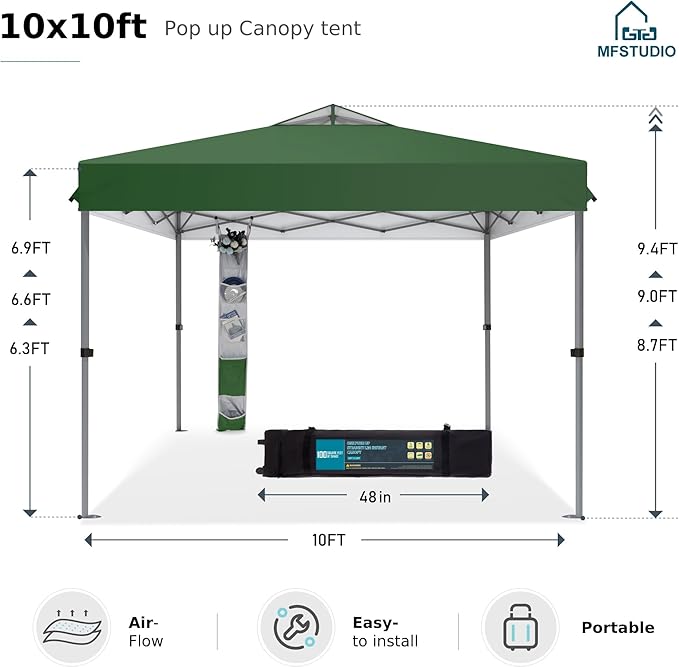 MFSTUDIO Pop Up Canopy Tent, 10x10 Outdoor Canopies Instant Portable Shelter Tens with Vented Top, Storage, 4 Sandbags, Beach Canopy