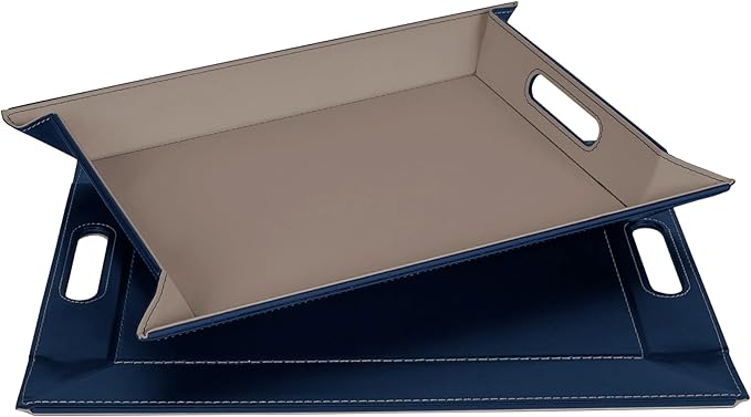 PLACEsMAT 2-in-1 Faux Leather Placemat & Serving Tray | Reversible Design, Lays Flat & Easy to Clean | Ottoman Food Tray, Perfect Housewarming Gift, 18” x 14” (Blue & Taupe, Single)