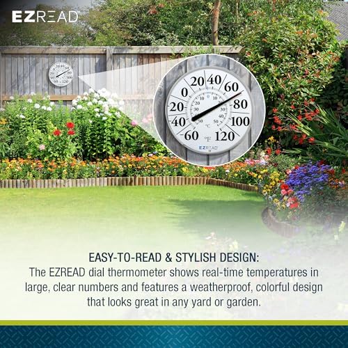 EZREAD Hanging Dial Thermometer 840-1210 Weather Thermometers for Indoor and Outdoor Use, Large 12.5 Inch Diameter, Easy to Read Numbers, Basic White