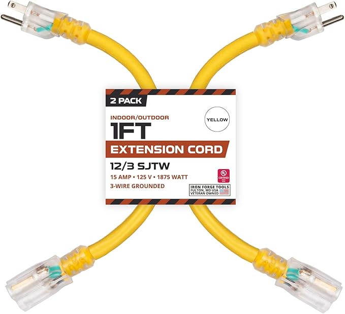 Iron Forge Cable 1 Foot Lighted Outdoor Extension Cord - 12/3 SJTW Heavy Duty Yellow Extension Cable with 3 Prong 15 AMP Grounded Plug for Safety