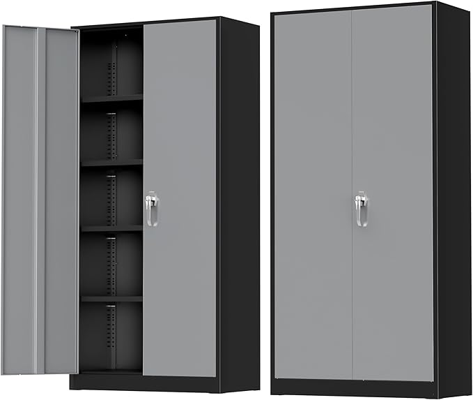 Greenvelly Metal Storage Cabinet with Doors and Shelves, 72'-Inch Locking Metal Cabinet for Garage, Office, School, Warehouse (Black Gray)