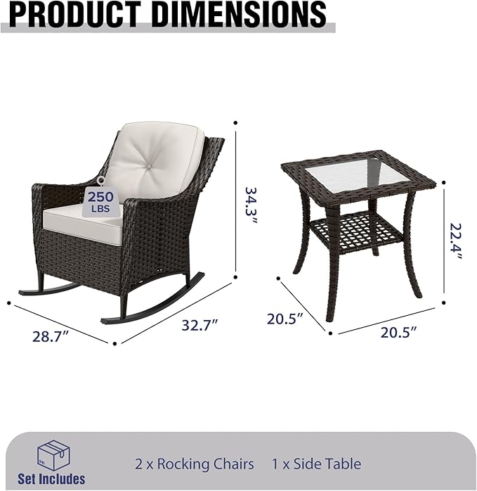 COOS BAY Stone Harbor Patio Bistro Set, 3 Piece Rattan Patio Table and Chairs Set, Wicker Rocking Chairs with Side Table, Small Balcony Furniture Set, Brown/Beige