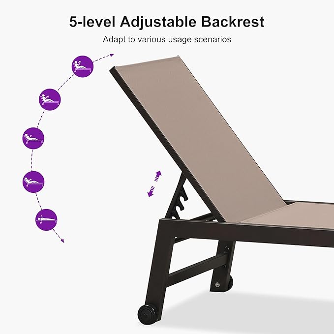PURPLE LEAF Outdoor Chaise Lounge Chair Set of 3, Patio Lounge Chair for Outdoor, Aluminum Patio Chaise Lounger with Adjustable Backrest and Wheels for Outside, Lawn, Garden, Taupe
