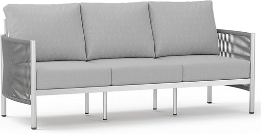 Aluminum Outdoor Patio Couch, 3 Seats HDPE Rope Patio Sofa with Washable Thick Cushion, All-Weather Patio Furniture for Balcony, Yard, Silver Frame, Silver