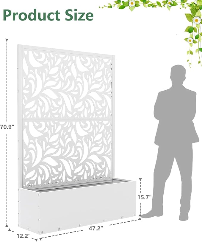 2PCS Metal Planter Box with Trellis,70.9"x47.2"x15.7" Raised Garden Bed with Drainage Holes, Privacy Planters for Outdoor Garden Bed for Climbing Plants,Vegetables,and Vines, White-Flower