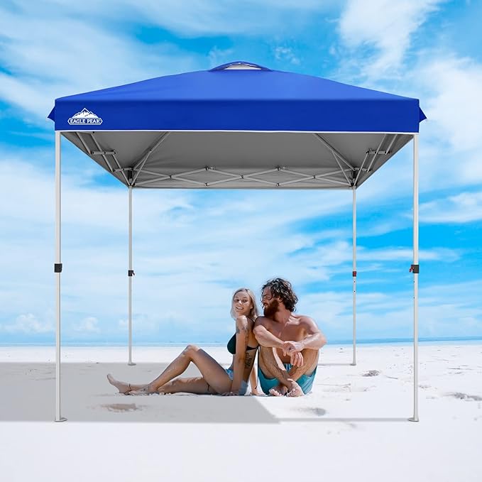 EAGLE PEAK Pop Up Canopy Tent with Wheeled Carry Bag, 8 Stakes, 4 Ropes, Easy Set Up Tent Canopy, 8x8 ft, Blue