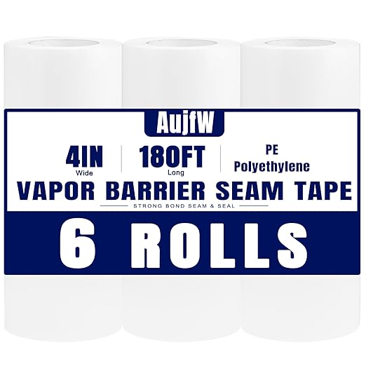Vapor Barrier Tape, 4" Wide x 180' Long, 6 Roll, Waterproofing Vapor Barrier Seam Tape for Stucco, Crawl Space, Repair, Plastic Liners, Metal Building Insulation Seams