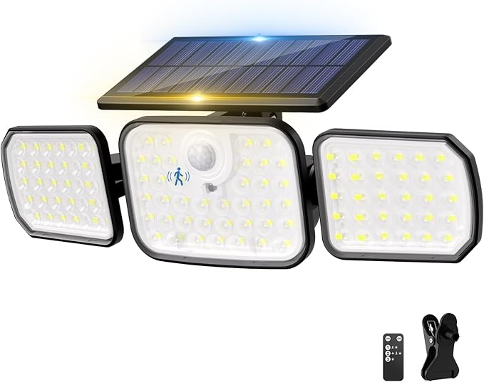 Peasur Clip on Solar Motion Lights Outdoor with Remote Control, Solar Security Light with 3 Modes, IP65 Waterproof Flood Lights Outside for Camping Garden Patio Garage Backyard