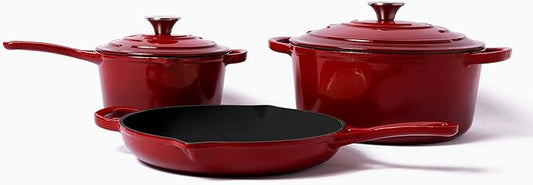 Larder & Vine 5-Piece Enameled Cast Iron Cookware Set - Includes 5.7 Quart Dutch Oven with Lid, 10.25 Inch Skillet, 2.2 Quart Saucepan with Lid (Cabernet)