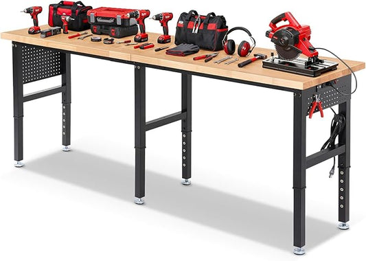 Workbench 96 x 24 Inch Adjustable Height Heavy Duty Work Table with Power Outlets & Extended Pegboard 5000 Lbs Load Capacity Rubber Wood Top Workstation for Garage, Workshop, Home, Office
