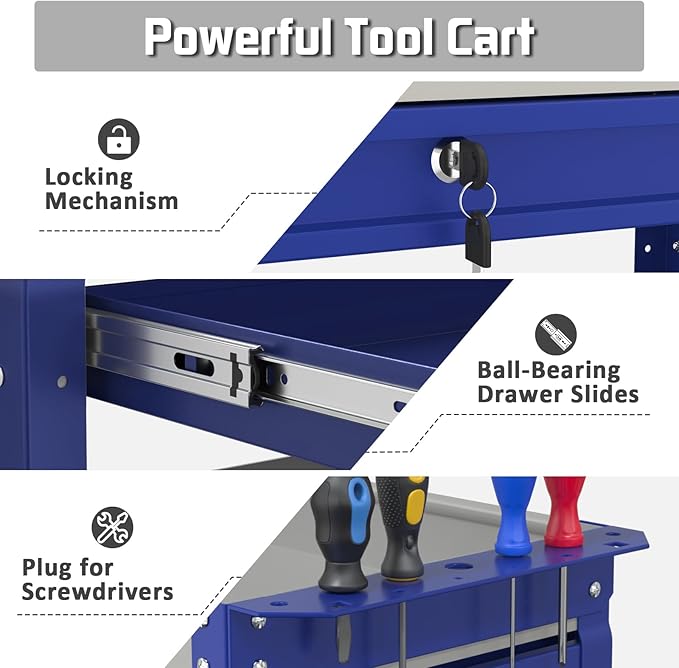 3 Tray Rolling Tool Cart, 400 LBS Capacity Mechanic Tool Carts on Wheels, Heavy Duty Utility Cart with Drawers, Metal Work Cart for Garage, Warehouse and Repair Shop, GrayBlue