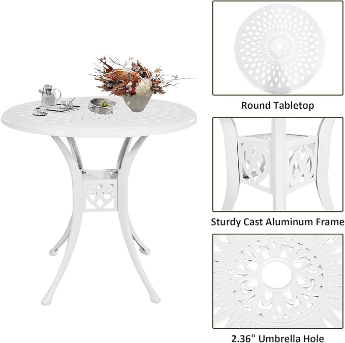 3 Piece Cast Aluminum Bistro Set With Umbrella Hole, Outdoor Patio Furniture With Adjustable Foot Cap, Metal Table and 2 Chairs for Garden, White