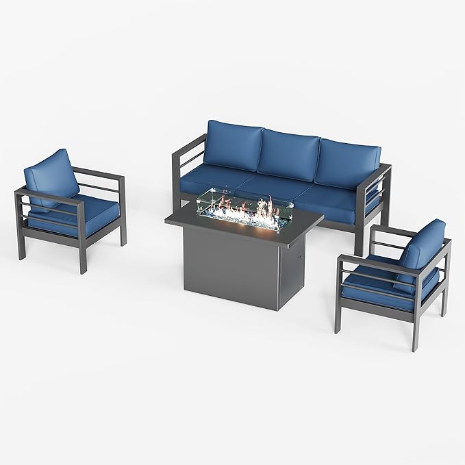 UDPATIO 8 Piece Aluminum Patio Furniture Set with Aluminum Fire Pit Table,Mordern Outdoor Furniture Set with Water-Proof Cover Included, Dark Grey/Navy
