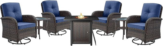 Belord 7-Piece Modern Patio Conversation Set - 4 Swivel Glider Chairs, 2 Side Tables & 30" 50,000 BTU Propane Fire Pit Table