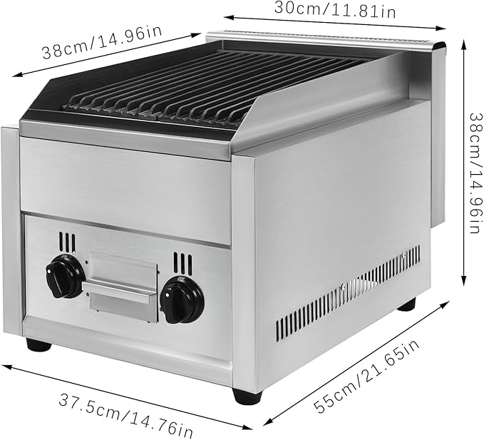 2 Burner Gas Grill, Portable Countertop Gas Propane Charbroiler with Large Grill Pan & Adjustable Temperature Commercial Char Broiler Grill for Canteens Small Food Factories Western Restaurants Etc