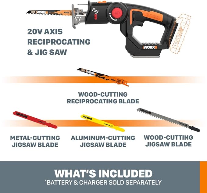 Worx WX550L.9 20V Power Share Axis Cordless Reciprocating & Jig Saw (Tool Only)