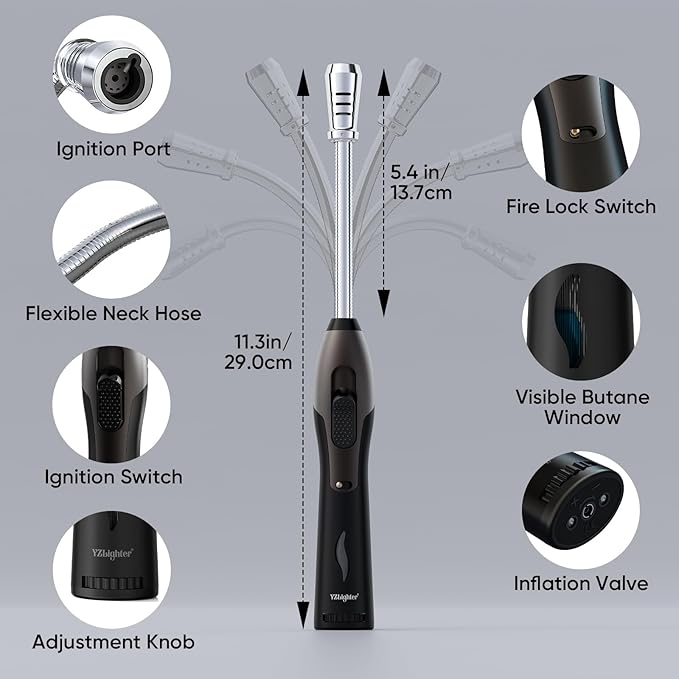 2 Pack Butane Lighter Long Torch Lighter for Grill, Refillable Candles Lighter with Fuel Window Flexible Long Lighter for Fireplace BBQ (No Butane Included), Black and Oranger