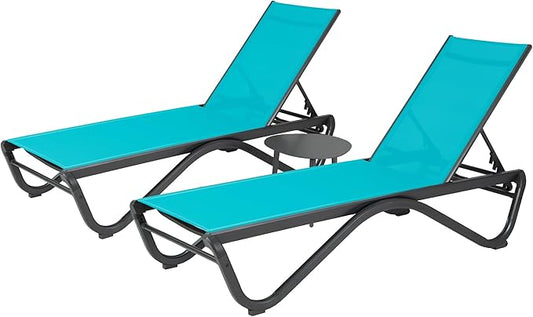 Kozyard 3Pack Chaise Lounge Outdoor Set Full Flat Alumium Reclining Adjustable Chair Flat Patio Chaise Lounge Chair for Sunbathing, Patio, Poolside(2Aqua Textilence W/Table)