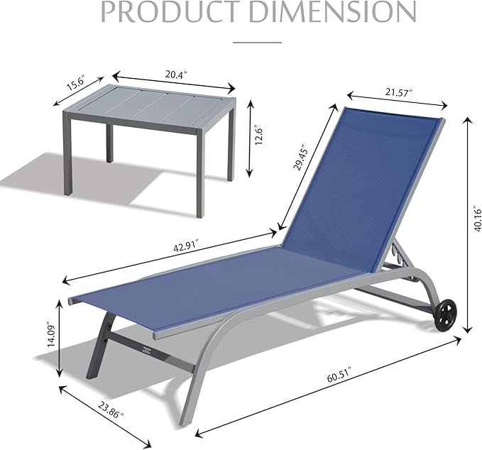 Domi Pool Lounge Chairs Set of 3, Adjustable Aluminum Outdoor Chaise Lounge with Wheels Patio Lounge Chairs with Side Table, All Weather for Deck Lawn Poolside Backyard-Navy Blue Textilene