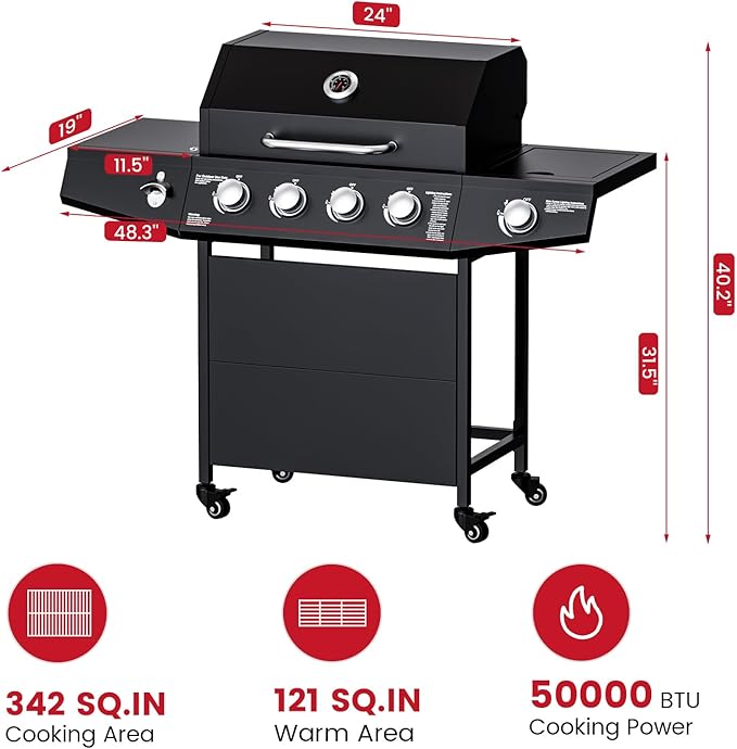 50,000 BTU Gas Grill, 4 Burner BBQ Propane Gas Grill with Side Burner and Stainless Steel Grates,Easy-Clean Grease for Patio, Camping, Outdoor Cooking