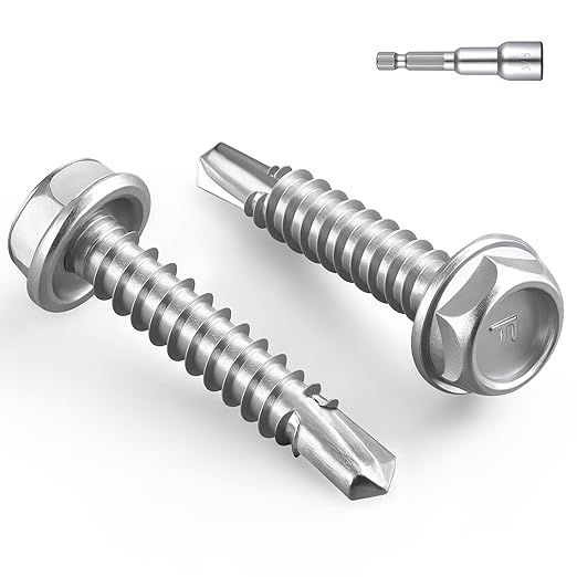 #14 x 1 Inch Self Drilling Screws, 62pcs 1 lbs Self Tapping Screws for Metal, 410 Stainless Steel Hex Washer Head Sheet Metal Screw