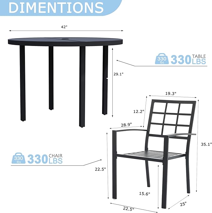 5 Piece Outdoor Dining Set, Patio Dining Set for 4, 42" Black Round Table with 4 Armrest Black Metal Outdoor Dining Chairs for Lawn, Garden, or Porch