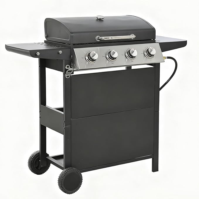 Propane Gas Grill 4 Burner Barbecue Grill, Stainless Steel 34,000 BTU Patio Garden Barbecue Grill with Two Shelves, Lid, Wheels and Bottle Opener