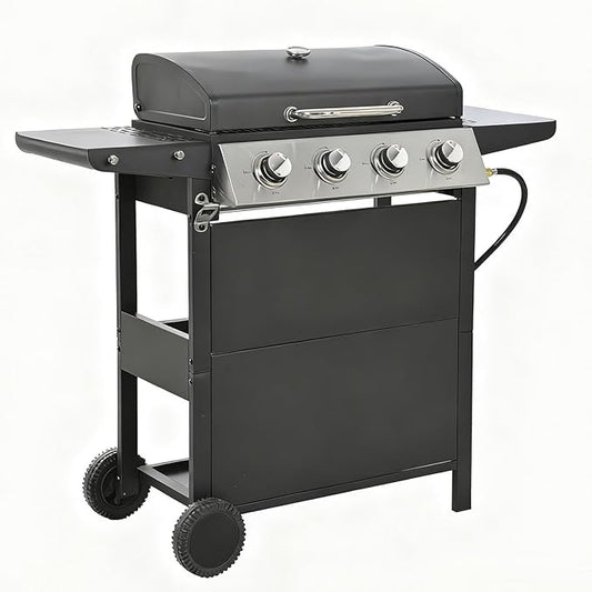 Propane Gas Grill 4 Burner Barbecue Grill, Stainless Steel 34,000 BTU Patio Garden Barbecue Grill with Two Shelves, Lid, Wheels and Bottle Opener
