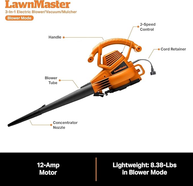 LawnMaster BV1210 Electric Blower Vacuum Mulcher 12 Amp 2-Speed Adjustment with Metal Impeller 240 MPH 380 CFM 16:1 Mulch Ratio with Collection Bag