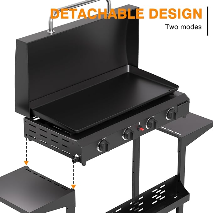 4 Burner BBQ Gas Griddle with Hood, 30 Inch Stainless Steel Portable Detachable Propane Griddle, 60,000 BTU Flat Top Grill with Side Shelves for Camping, Silver