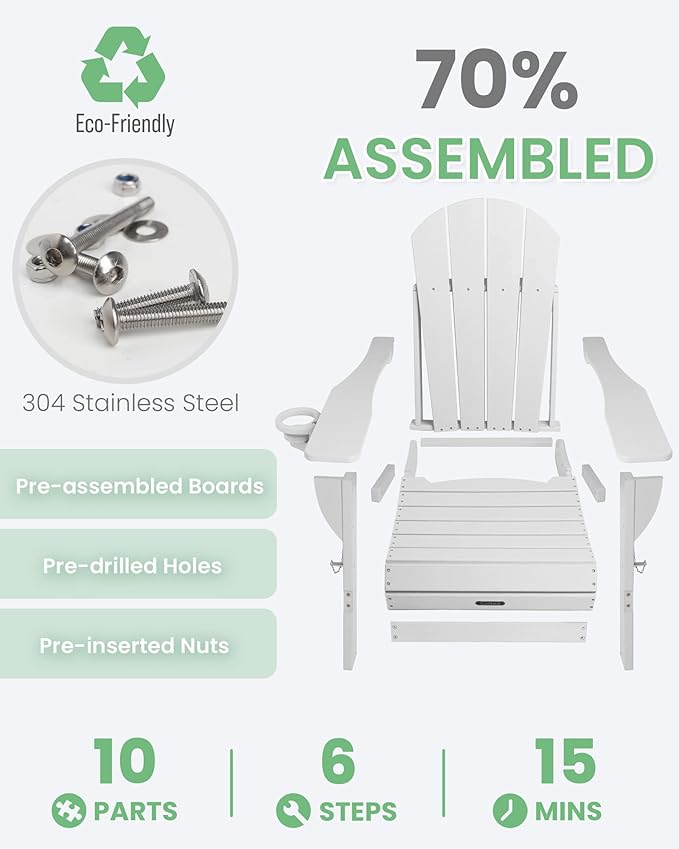 Ciokea Folding Adirondack Chair 2 Pack, Patio Adirondack Chair Weather Resistant, Plastic Fire Pit Chair with Cup Holder, Lawn Chair for Outdoor Porch Garden Backyard Deck (White)