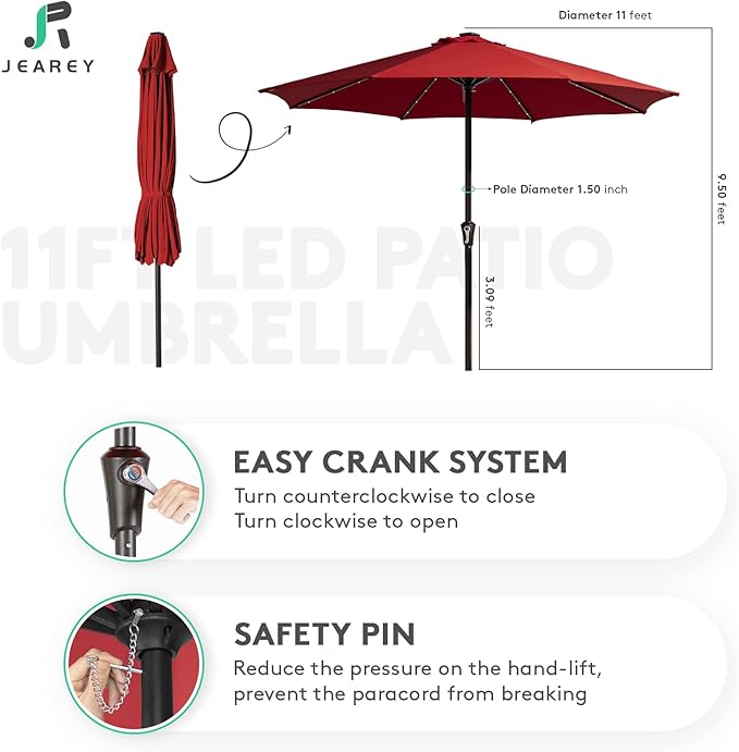 JEAREY Upgrade 11FT LED Lighted Patio Umbrella, Solar Outdoor Umbrella, Table Umbrella for Pool, Deck & Yard (Red)