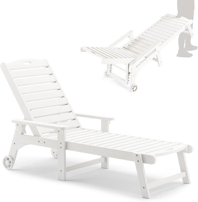 LUE BONA Outdoor Chaise Lounge, 79'' Oversized HDPS Chaise Lounger, 5 Positions Adjustable Lounge Chairs, Pool Lounge Chair with Wheels for Poolside, Backyard, 3 Year Warranty, White