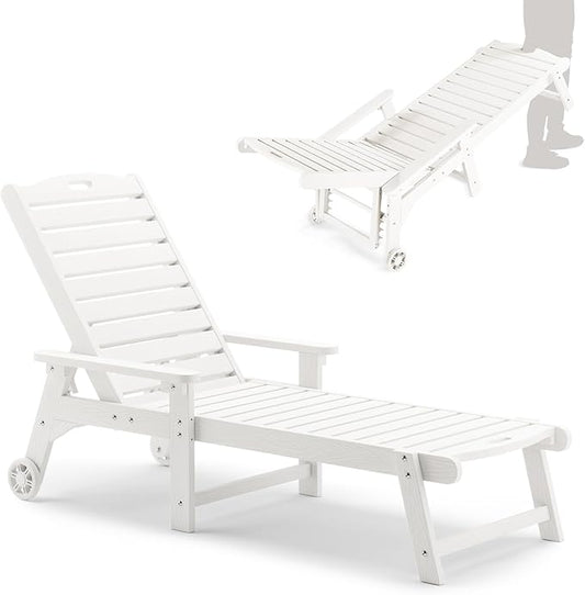 LUE BONA Outdoor Chaise Lounge, 79'' Oversized HDPS Chaise Lounger, 5 Positions Adjustable Lounge Chairs, Pool Lounge Chair with Wheels for Poolside, Backyard, 3 Year Warranty, White
