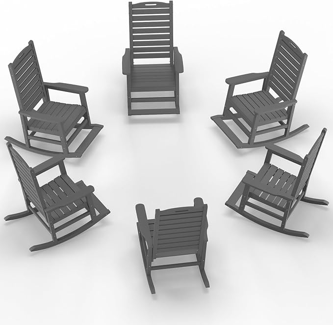 Outdoor Rocking Chair Set of 6 with Removable Footboard for Adults, HDPE High Back Patio Rocking Chairs, 330lbs All Weather Porch Rocking Chairs for Outdoor & Indoor -Grey