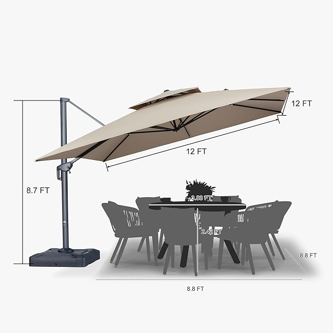PURPLE LEAF 12 FT Cantilever Umbrella Outdoor Patio Umbrella, Large Offset Square Umbrella, Windproof Heavy Duty Hanging Outside for Patio, Sand Dune